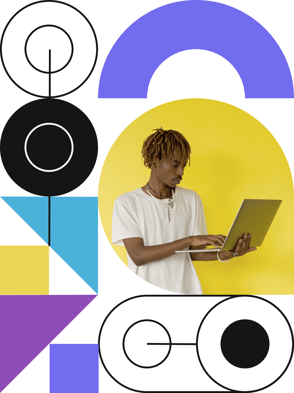 Man handling a laptop and abstract figures around